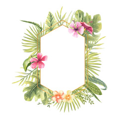 Vector illustration of a hexagonal frame with tropical plants. Monster, banana leaves, hibiscus, etc. Floral watercolor. For the design of greeting cards, invitations