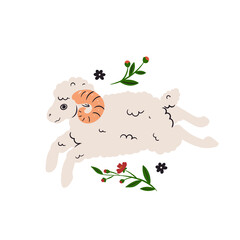 Cute ram and flowers isolated on white background. Vector graphics.