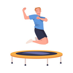 Cheerful Man Character Jumping and Bouncing on Trampoline Engaged in Recreational Activity Vector Illustration