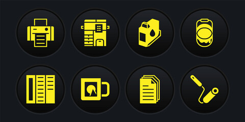 Set Brochure, Paint bucket, Coffee cup, File document, Printer ink cartridge, Copy machine, roller brush and icon. Vector