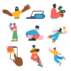 Fototapeta na wymiar Metaverse concept set in flat design. Man and woman in VR headsets gaming, learning or doing science research with virtual reality simulation. Vector illustration with pack of people scenes for web