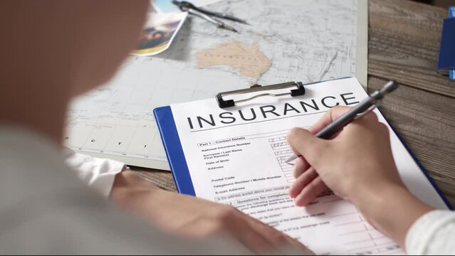 Travel Insurance, Insurance Agent Filling Out The Documentation Form Travel Insurance To Another Country, Life Insurance For A Tourist Who Travels On His Long-awaited Vacation
