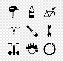 Set Bicycle helmet, Sport bottle with water, frame, for kids, brake disc, handlebar and Screwdriver icon. Vector