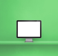 Computer pc on green shelf background