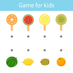 Logic game for kids. Ice cream. What is made of. Vetor illustration. Printable sheet