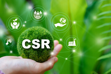 Corporate and community social responsibility give back CSR icon concept on green nature background.