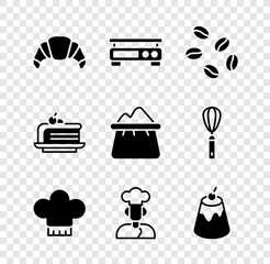Set Croissant, Electronic scales, Coffee beans, Chef hat, Cook, Pudding custard, Piece cake and Bag flour icon. Vector