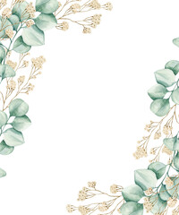 Watercolor illustration card with eucalyptus white flowers frame. Isolated on white background. Hand drawn clipart. Perfect for card, postcard, tags, invitation, printing, wrapping. - obrazy, fototapety, plakaty