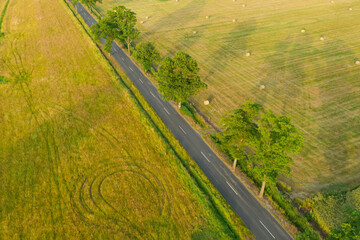 Prosta asfaltowa droga wśród łąk i pól uprawnych pokrytych suchą, żółtą trawą i balotami z sianem. Na poboczu rosną wysokie drzewa. Zdjęcie z drona.