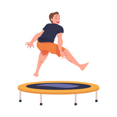 Obraz premium Cheerful Man Character Jumping and Bouncing on Trampoline Engaged in Recreational Activity Vector Illustration