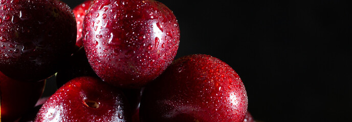 Stock Photo on the subject close up, macro. Large ripe cherries, moist with water