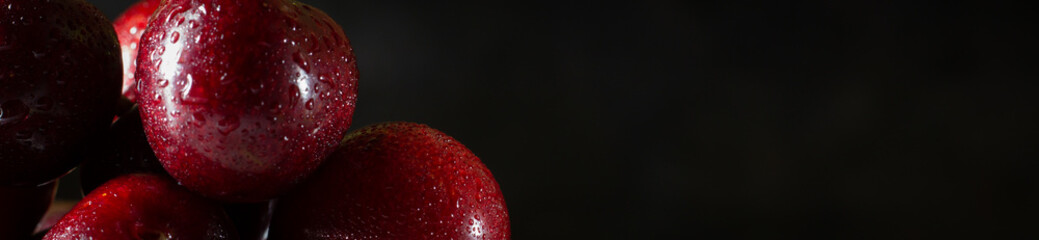 Stock Photo on the subject close up, macro. Large ripe cherries, moist with water