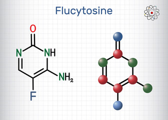 Flucytosine, 5-fluorocytosine, 5-FC molecule. It is an antifungal  medicine. Structural chemical formula, molecule model. Sheet of paper in a cage.