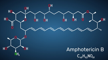 Amphotericin B molecule. It is antifungal used to treat fungal infections. Structural chemical on the dark blue background