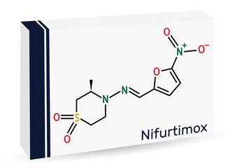 Nifurtimox molecule. It is antiparasitic drug used for the treatment of Chagas disease (Trypanosoma cruzi infection). Skeletal chemical formula. Paper packaging for drugs.