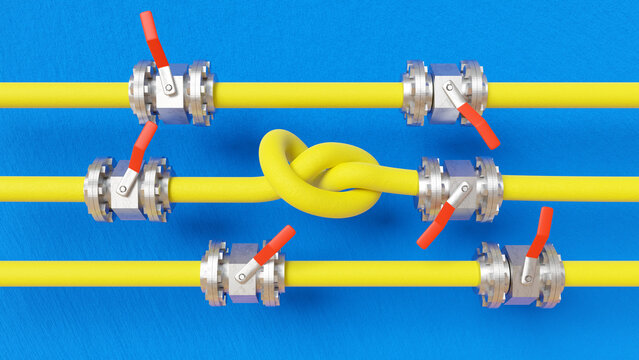 3D render of pipelines with valves, the middle one having a knot in it