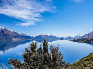 snow mountains reflections on the lake Bennetts bluff New Zealand