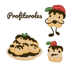 Profiteroles and cute character. Vector hand draw cartoon illustration. 