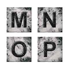 Set, letters M, N, O, and P. Alphabet on stone blocks. Isolated on white background. Education.