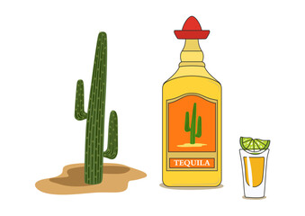 Tequila vector bottle and shot of tequila with lime on a white background. Cactus, sombrero, sand. Yellow, red, green