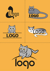 British shorthair cat logo. Pet shop cats domestic animals protection friendly funny symbols collection. Orange background. Gray, white and black colors.