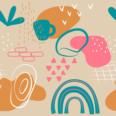 Seamless pattern with abstract shapes: spots, lines, dots, arc. Design elements on a beige background. Vector illustration