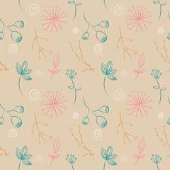 Seamless patterns with outlines flowers and herbs. Vector illustration, nature background for wrapping paper or textile.