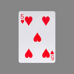 Five of Hearts. Isolated on a gray background. Gamble. Playing cards.