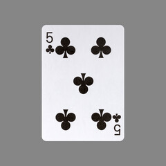 Five of Clubs. Isolated on a gray background. Gamble. Playing cards.