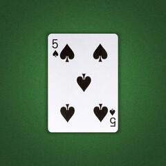 Five of Spades on a green poker background. Gamble. Playing cards.