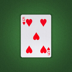 Five of Hearts on a green poker background. Gamble. Playing cards.