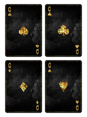 Set of playing grunge, vintage cards. Queen of Clubs, Diamond, Spades, and Hearts, isolated on white background. Playing cards. Design element.