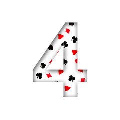 Digit, four, from various card suits. Shadow. Isolated on a white background. Decorative font. Gambling. Design