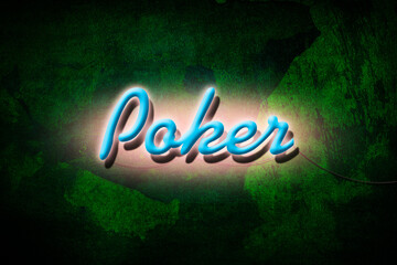 Poker, blue neon inscription on a green orange background. Poker. Gambling.