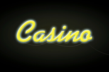 Casino, yellow neon inscription, isolated on a dark background. Poker. Gambling.