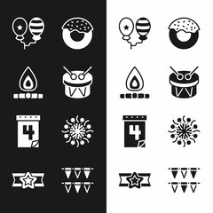 Set Drum and drum sticks, Campfire, Balloons, Donut, Calendar with date July 4, Firework, Carnival garland flags and Star American military icon. Vector