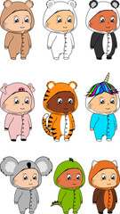 standing baby kid cartoon with animal pijama illustration pack in vector format