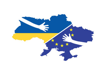 Ukraine map in union Europe and Ukraine flags. Helping hands of a Ukrainian on the territory of the country vector illustration.