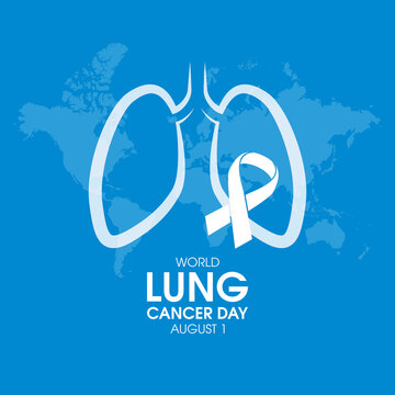 World Lung Cancer Day Poster with white cancer awareness ribbon vector. White awareness ribbon, human lungs and world map silhouette icon vector. August 1. Important day