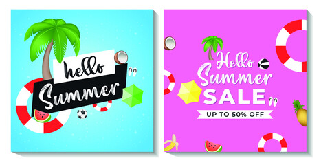 Hello summer poster banner template set with tropical fruits in different color.