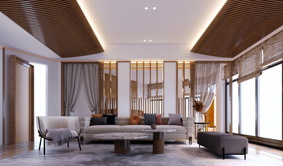 Naklejka premium 3d rendering,3d illustration, Interior Scene and Mockup,Tropical living room,decorated wooden walls and ceilings.