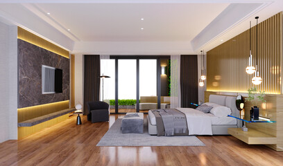 3d rendering,3d illustration, Interior Scene and  Mockup,Modern hotel bedroom minimalist interior design.