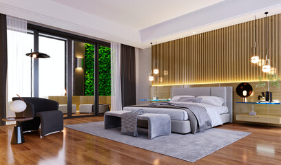 3d rendering,3d illustration, Interior Scene and  Mockup,Modern hotel bedroom minimalist interior design.