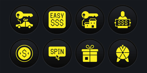 Set Coin money with dollar, Winner holding prize ticket, Slot machine spin button, Gift box, Winning house key, Money casino, Lucky wheel and Car gift icon. Vector