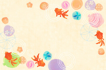 金魚と波紋とヨーヨーとビー玉の夏らしいカラフルな和イメージの柄