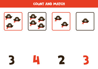 Counting game for kids. Count all pirate hats and match with numbers. Worksheet for children.