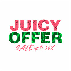 Summer sale banner, poster with watermelon patterns and bold words Juicy Offer. Square minimalistic marketing vector.