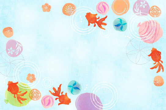 金魚と波紋とヨーヨーとビー玉の夏らしいカラフルな和イメージの柄　水色