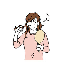 シンプルなタッチ　癖毛に悩む女性のイラストレーション
