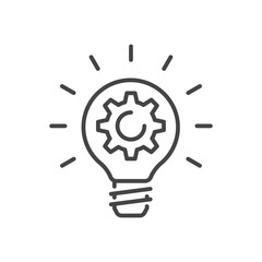 Creative vector line icon of black burning light bulb with gear wheel in center isolated on white background